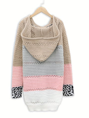 Colorblock Leopard Print Eyelet Embroidered Hooded Sweater