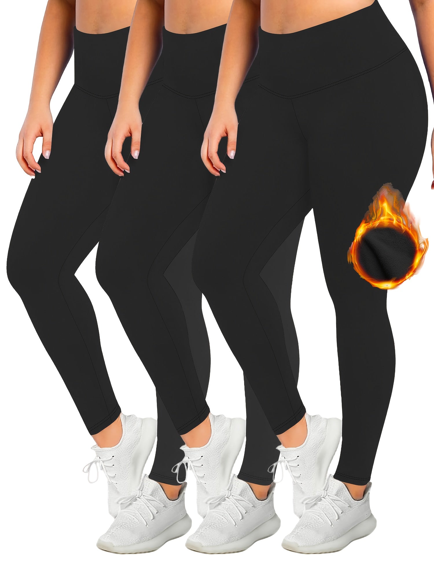 3 Pack Plus Size Casual Leggings Set Women's Plus Solid Liner Fleece