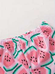 Toddler Girls Watermelon Swimsuit Set Sleeveless Ruffle Dress & Shorts