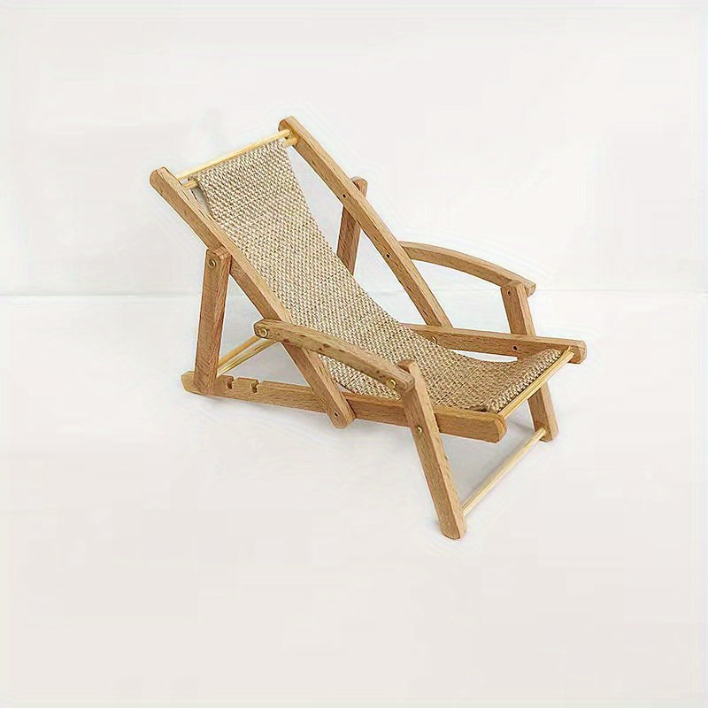 Dollhouse Beach Chair Wooden Lounge with Plush Gray Fabric Seat