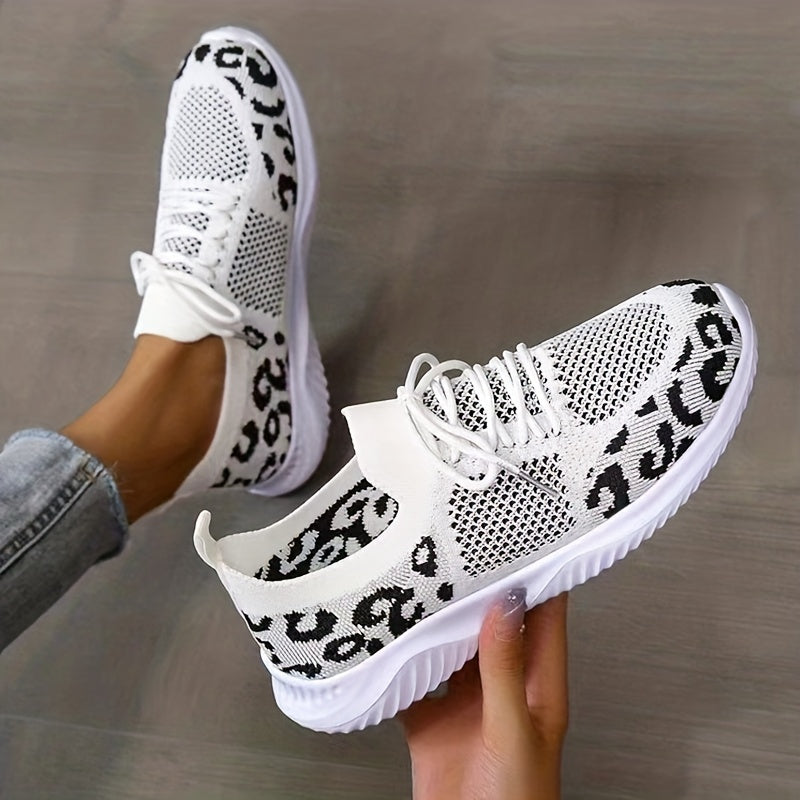 Leopard Pattern Breathable Running Shoes Lace Up Knitted Sports Sneakers