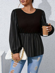 Blouse Women's Plus Colorblock Dot & Stripe Print Lantern Sleeve