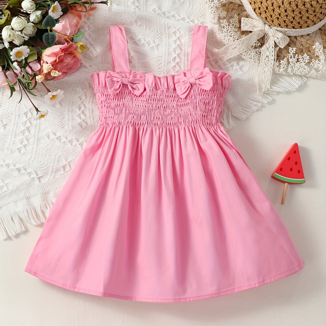 Girls Shirred Bow Puffy Cami Dress For Summer Holiday Party