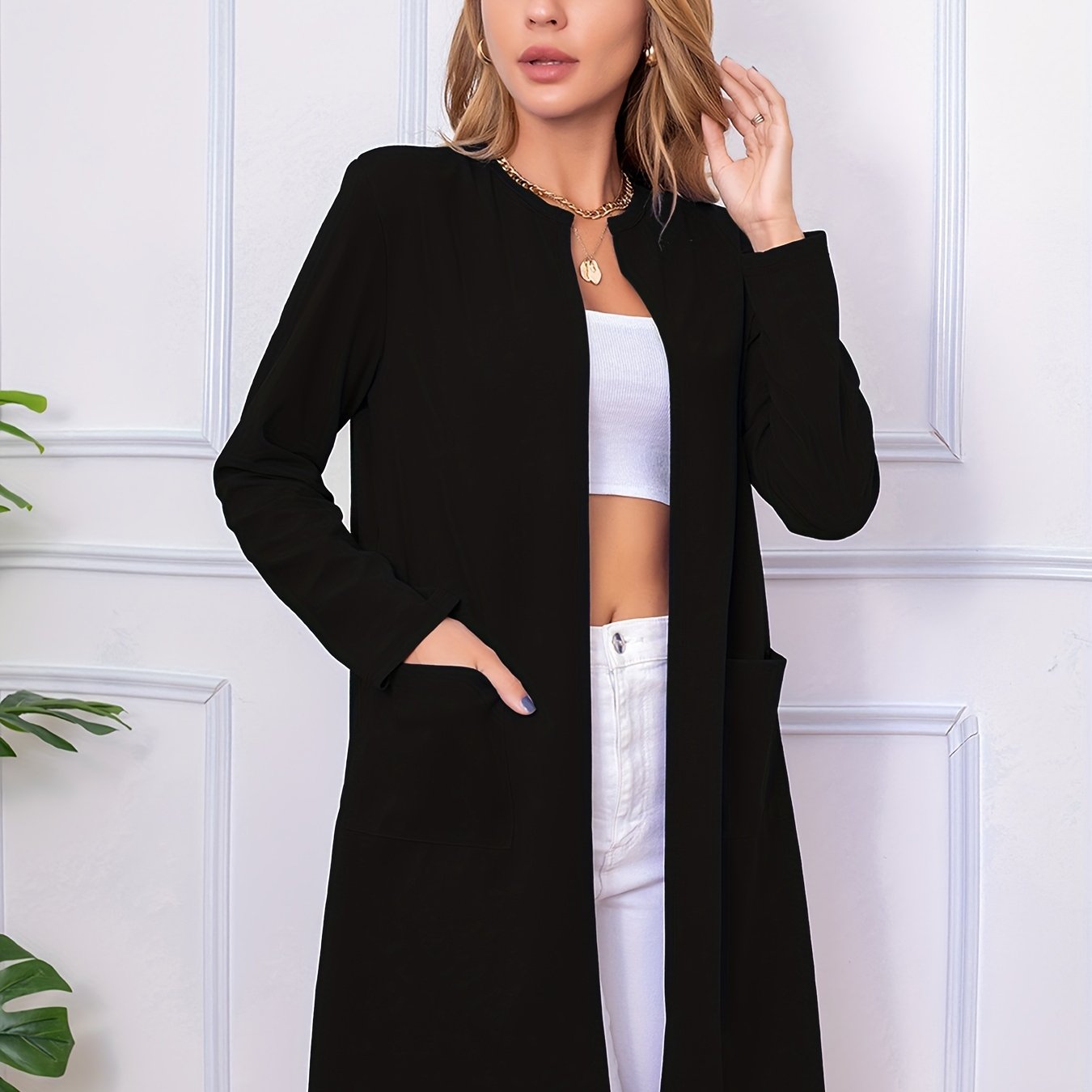 Long Open Front Coat Casual Solid Outerwear Women's Clothing