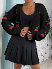 Y2K Cherry Embroidered Knit Cardigan Open Front Long Sleeve Sweater