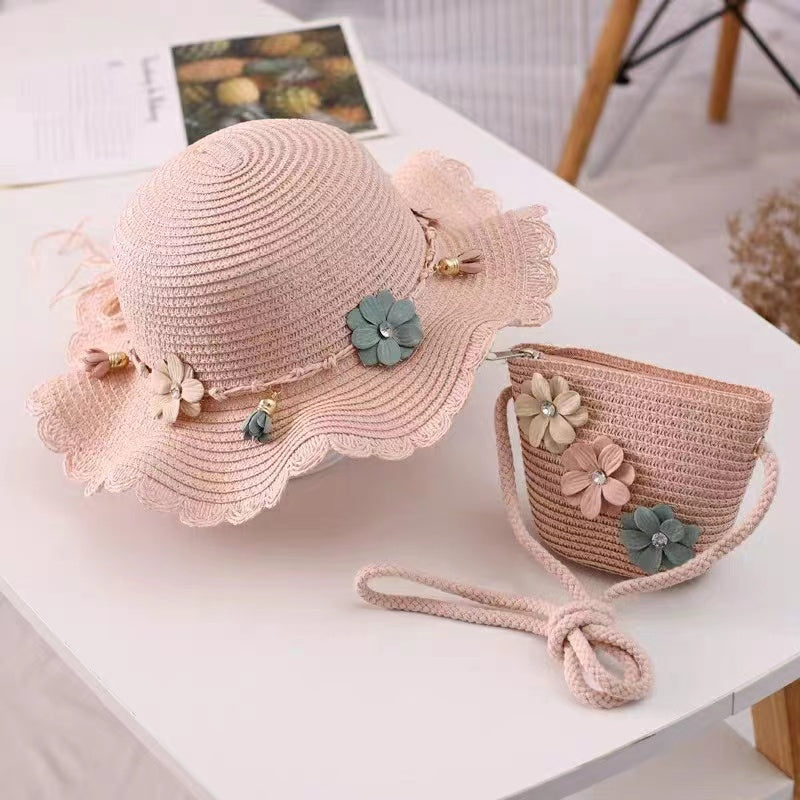Girls Flowers Lace Trim Sun Straw Hat & Bag Set for Summer