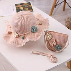 Girls Flowers Lace Trim Sun Straw Hat & Bag Set for Summer