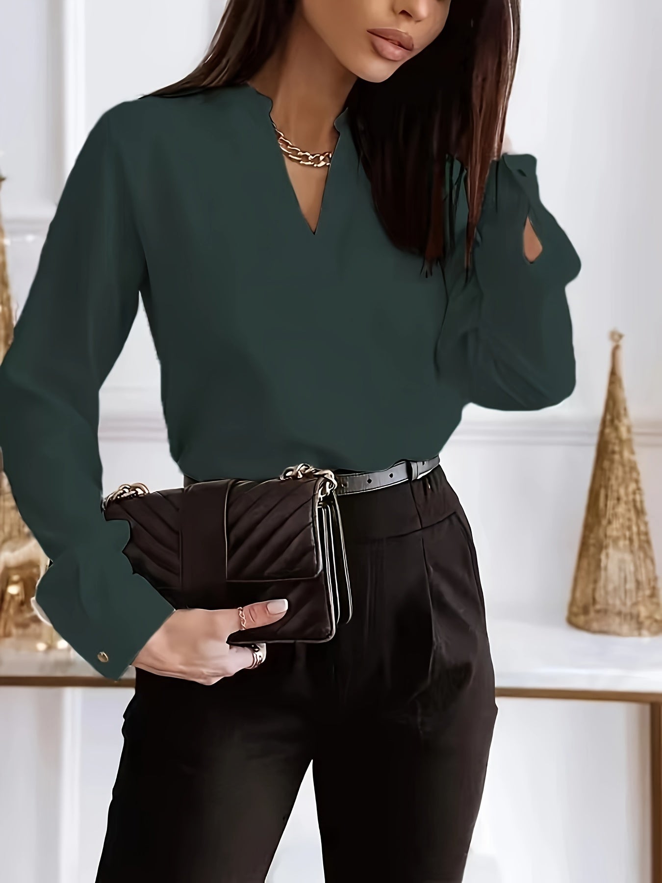 Blouse Women's Plus Solid Long Sleeve Notched Neck Workwear Top