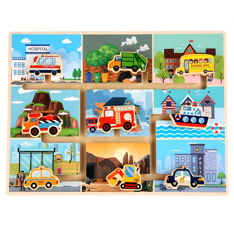 Educational Toy: Wood Track Game with Vehicles & City Scene for Toddlers