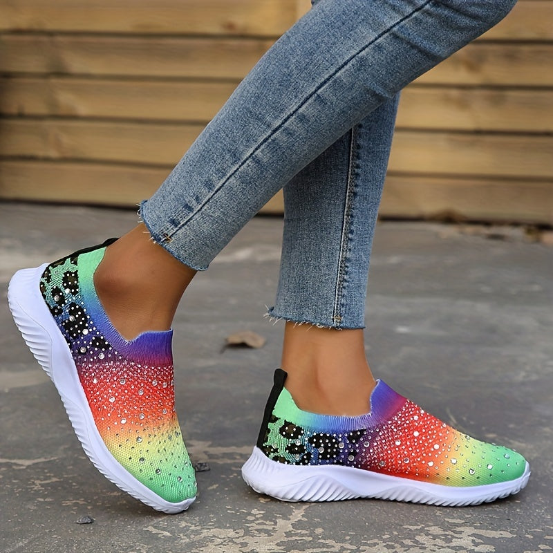 Women's Rainbow Knitted Sneakers Comfy Rhinestone Slip On Sports Shoes