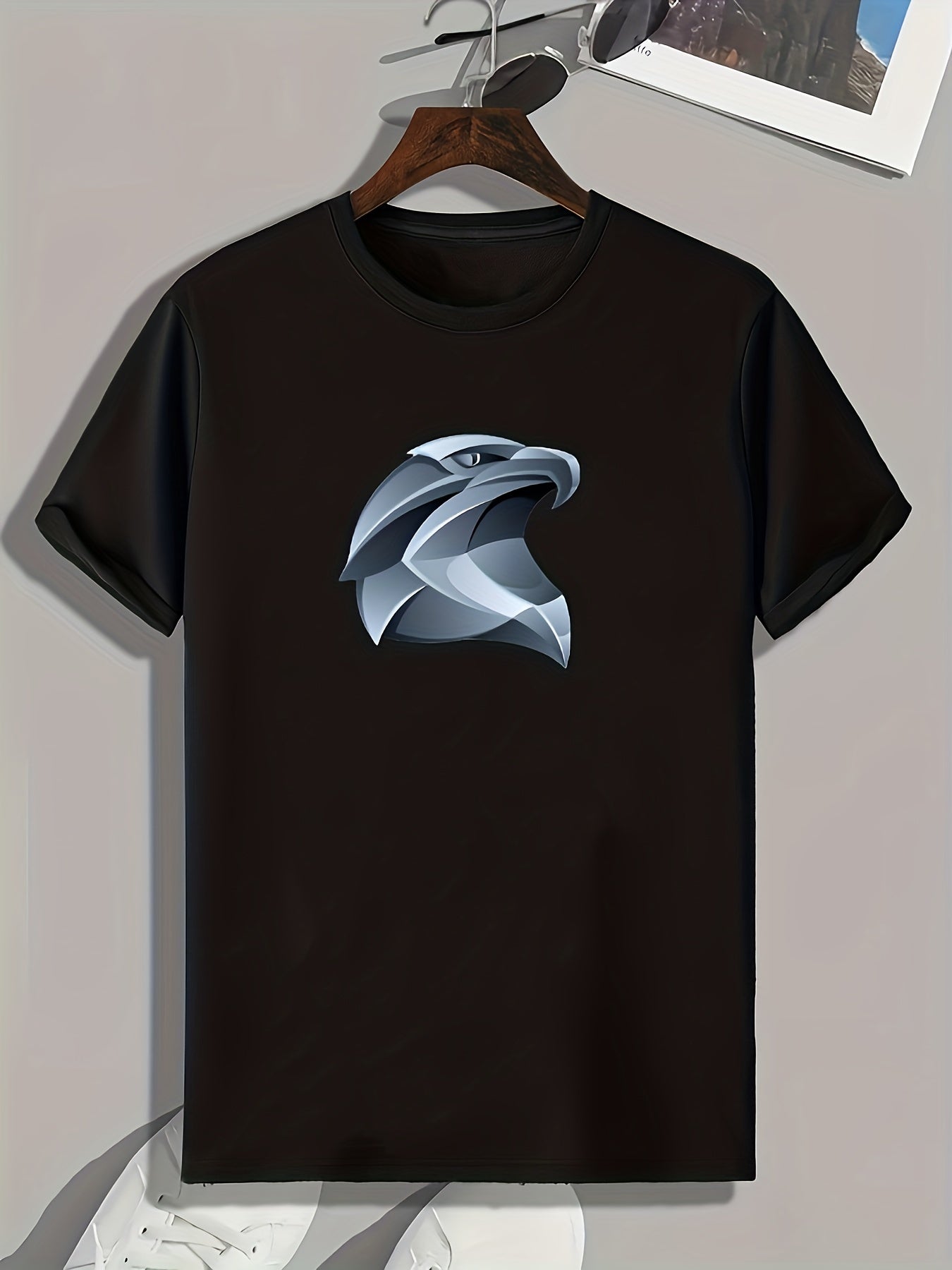 Geometric Eagle Head Print Men's T shirt Active Stretch Tee For Outdoor Summer