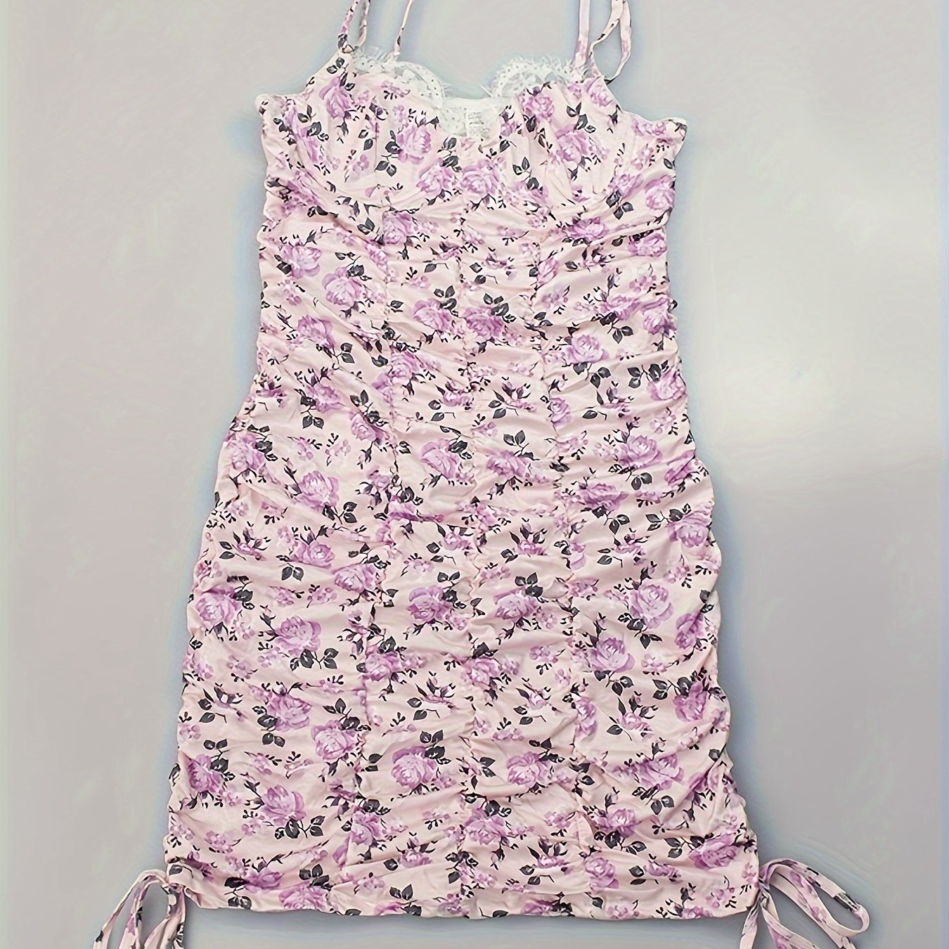 Floral Print Nightdress Lace Trim Ruched Sleep Dress