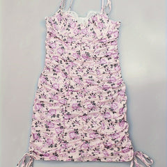 Floral Print Nightdress Lace Trim Ruched Sleep Dress