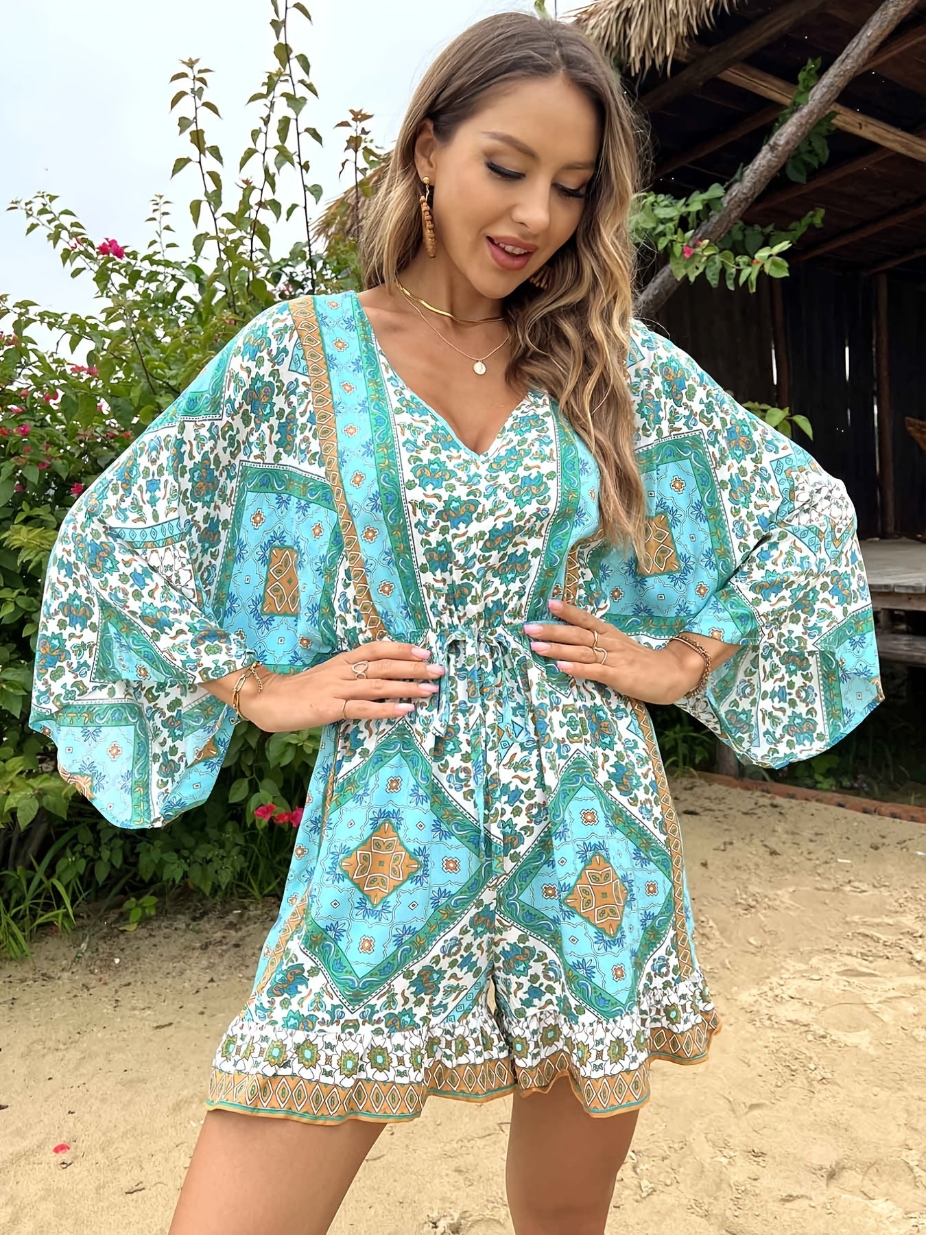 Bohemian Print Lace Up Waist Jumpsuit Bo...
