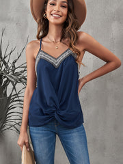 Embroidery V Neck Strappy Tank Top Summer Sleeveless Backless Top