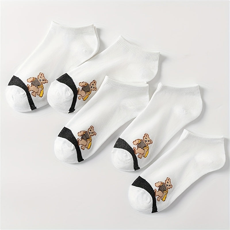 5 Pairs Cartoon Bear Print Socks Lightweight Low Cut Ankle Socks