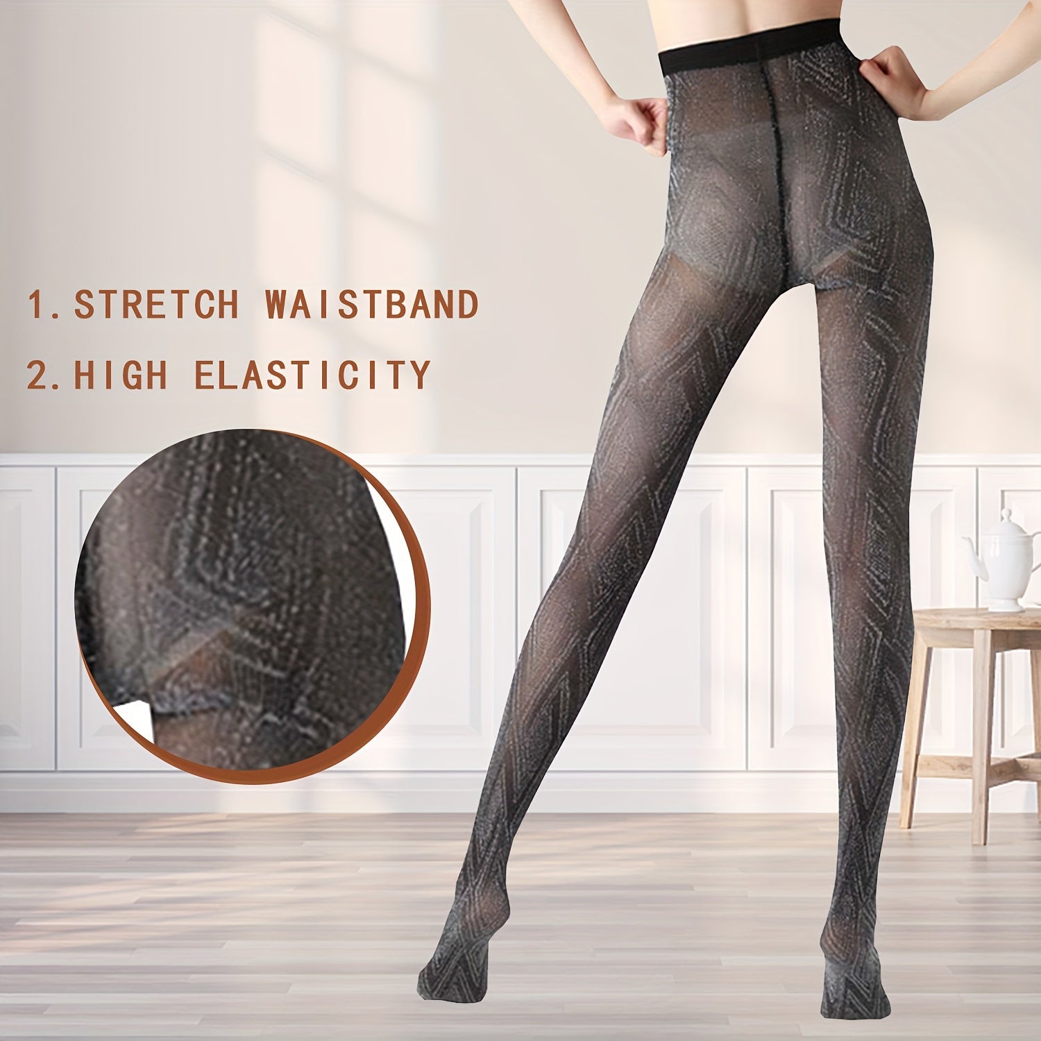 2 Pack Geometric Pattern High Waist Footed Pantyhose Women's Stockings