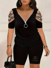 Plus Size Rhinestone Decor Cut Out Sleeve Top & Ripped Shorts Set