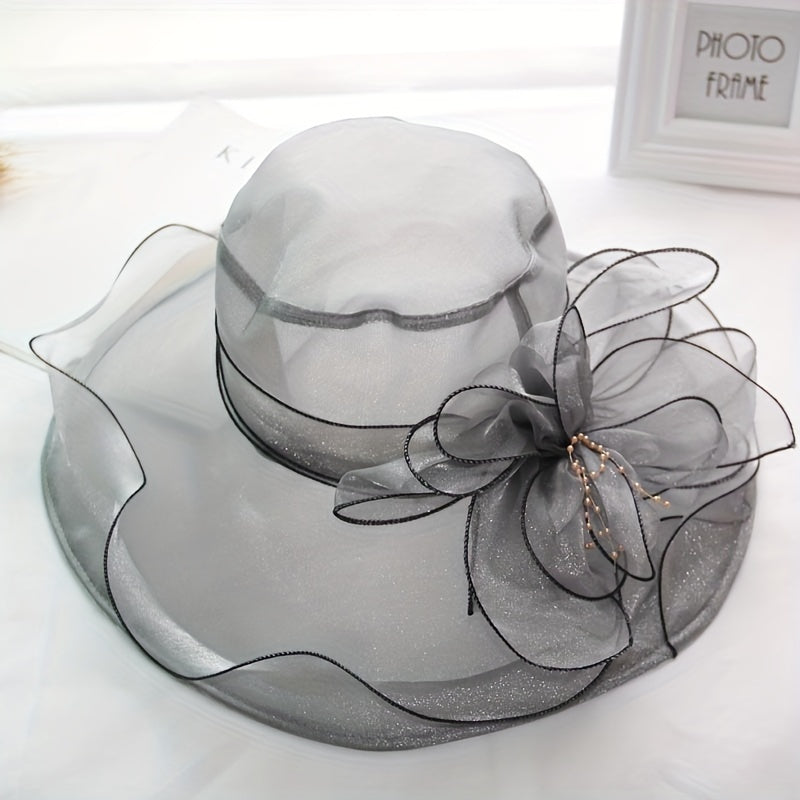 Gray Organza Flower Derby Hat Mesh Sun Hat Women Travel Beach Wedding Bridal Chu