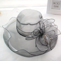 Gray Organza Flower Derby Hat Mesh Sun Hat Women Travel Beach Wedding Bridal Chu