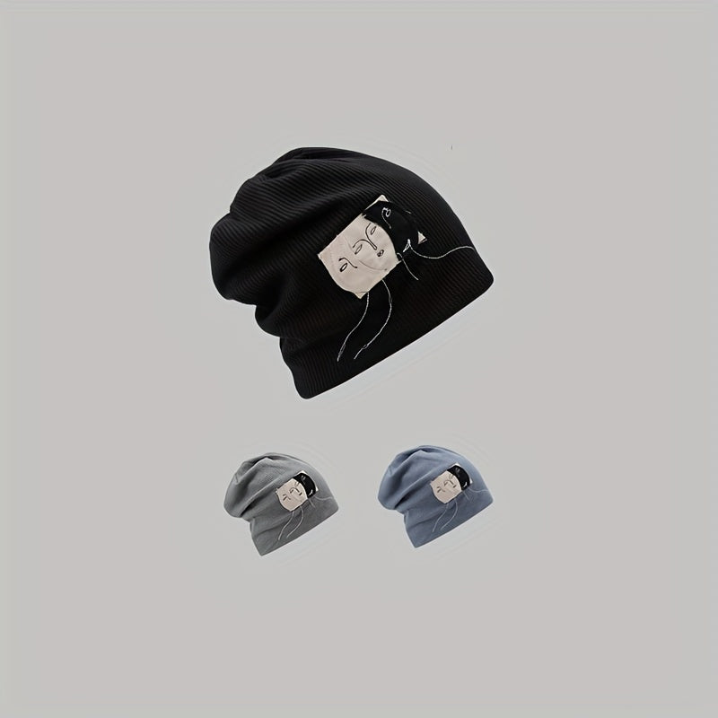 Face Graphic Patch Beanie Solid Elastic Knit Hat Hip Hop Lightweight Skull Hat