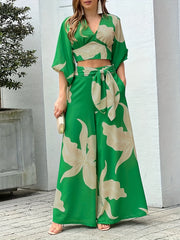 Floral Print Lace Up Suit High Waist Wide Leg Pants And Top Set