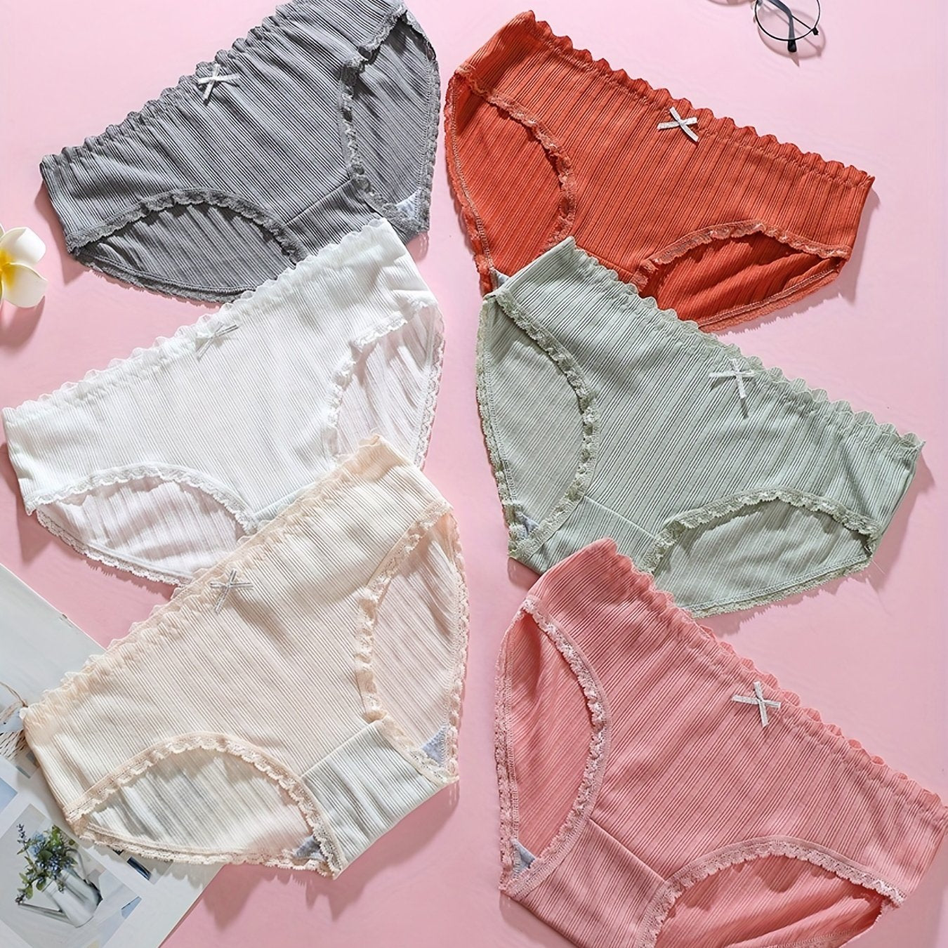 6pcs Lace Trim Bow Tie Briefs Intimates Panties Women's Lingerie