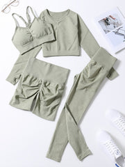4pcs Women's Yoga Fitness Set Sleeveless Sports Bra Long Sleeve Thumb Hole Shirt