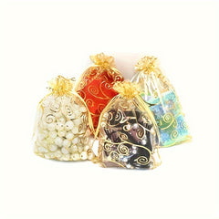 100pcs Golden Organza Bags Drawstring Printed Jewelry Gift Bags