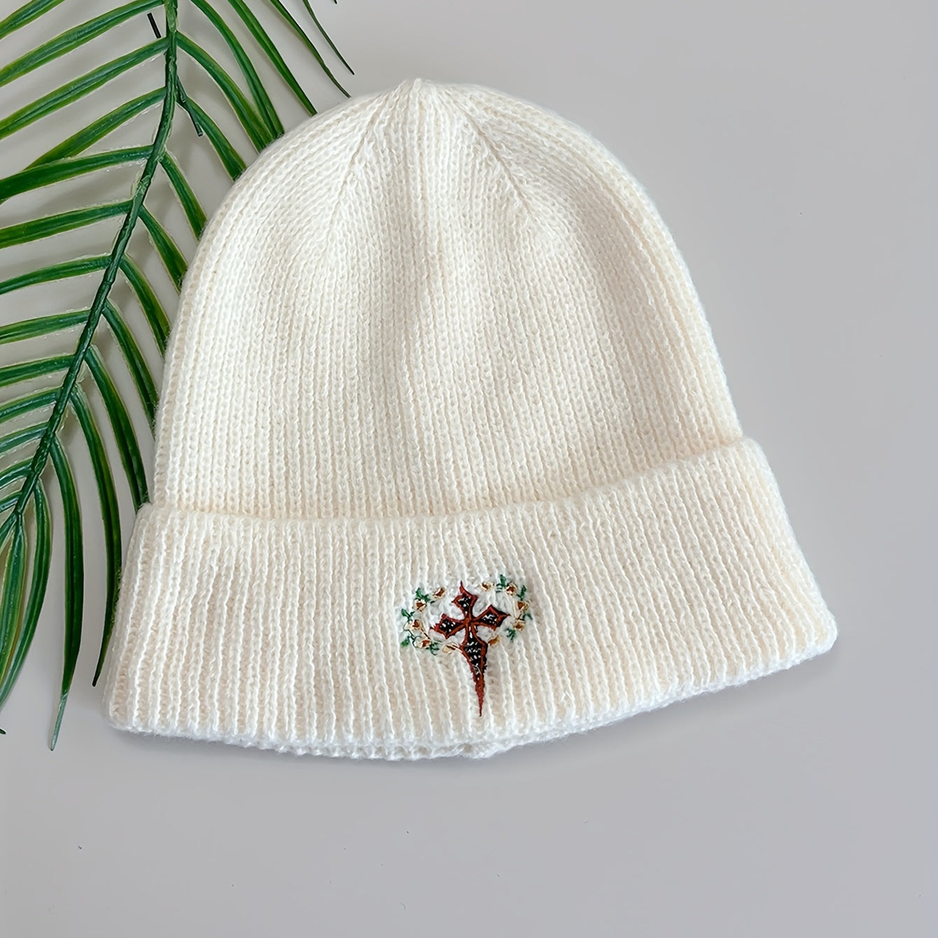 Gothic Cross Embroidery Beanie Apricot Unisex Knit Hat Elastic