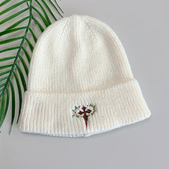Gothic Cross Embroidery Beanie Apricot Unisex Knit Hat Elastic