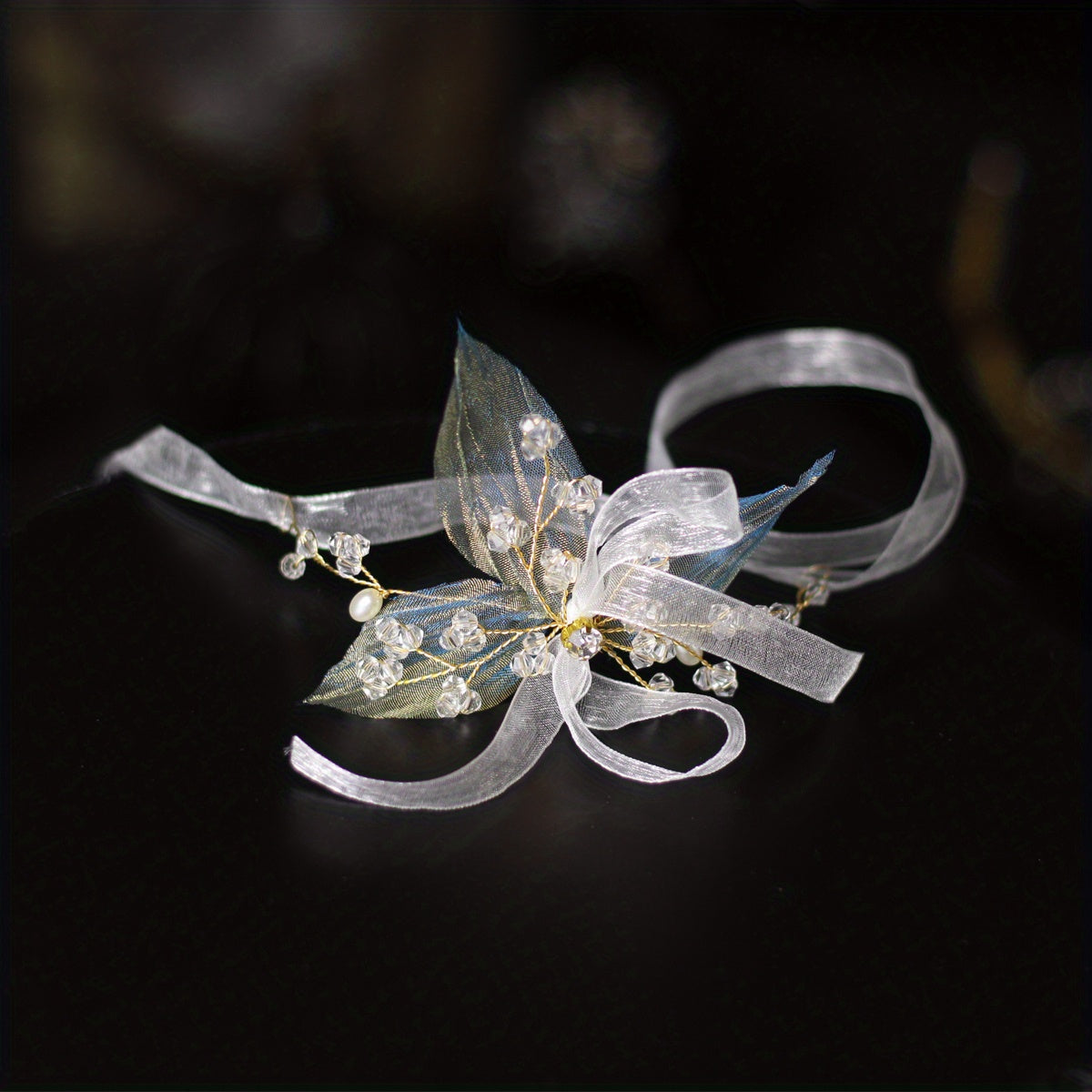 Mesh Ribbon Head Piece With Faux Pearl And Crystal Beads