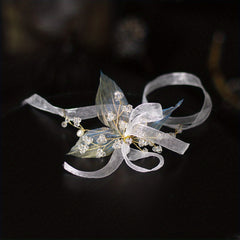 Mesh Ribbon Head Piece With Faux Pearl And Crystal Beads