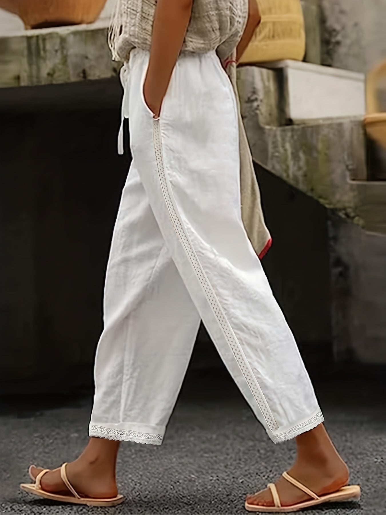 Lace Waist Straight Leg Pants Casual Loose Pants