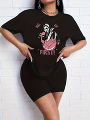 2pcs Halloween Ghost Graphic Crew Neck T shirt & Solid Shorts Women's Activewear
