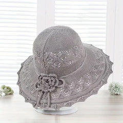 Gray Knitted Flower Sun Hat Hollow Breathable Foldable Bucket Hat UV Protection