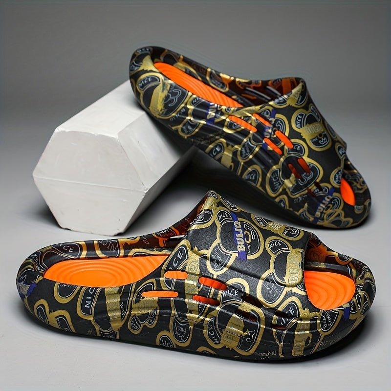 Men's Letter Print Platform Slides, Non Slip Comfort