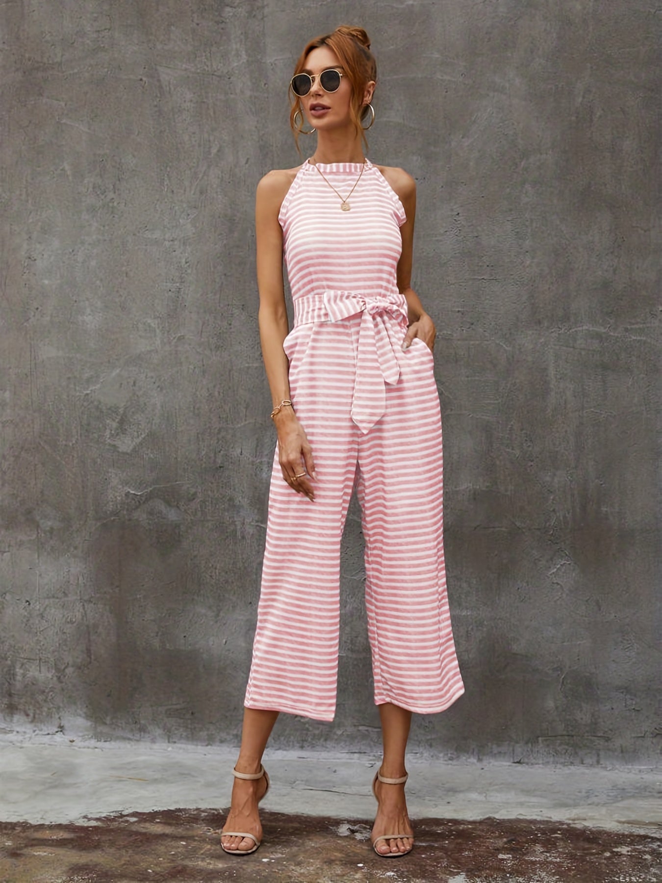 Striped Wide Leg Tie Front Jumpsuit for Women