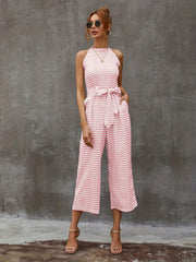 Striped Wide Leg Tie Front Jumpsuit for Women