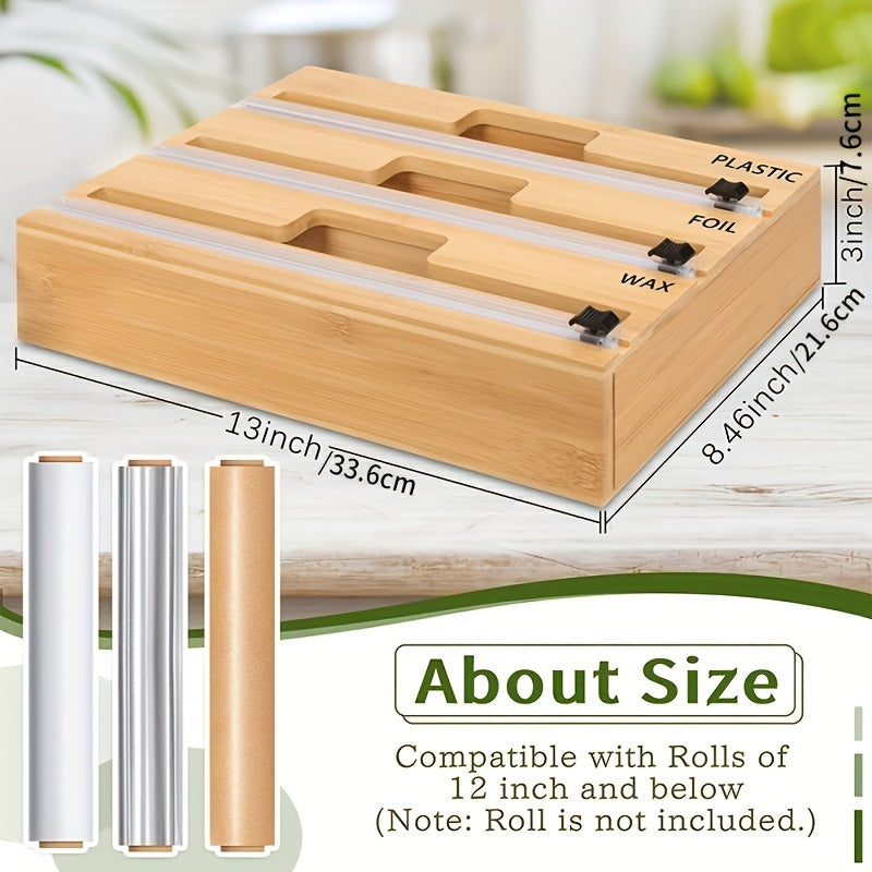 3-in-1 Bamboo Plastic Wrap Dispenser with Cutter, Foil & Plastic Wrap Organizer