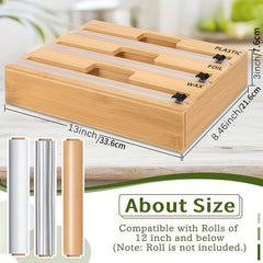 3-in-1 Bamboo Plastic Wrap Dispenser with Cutter, Foil & Plastic Wrap Organizer