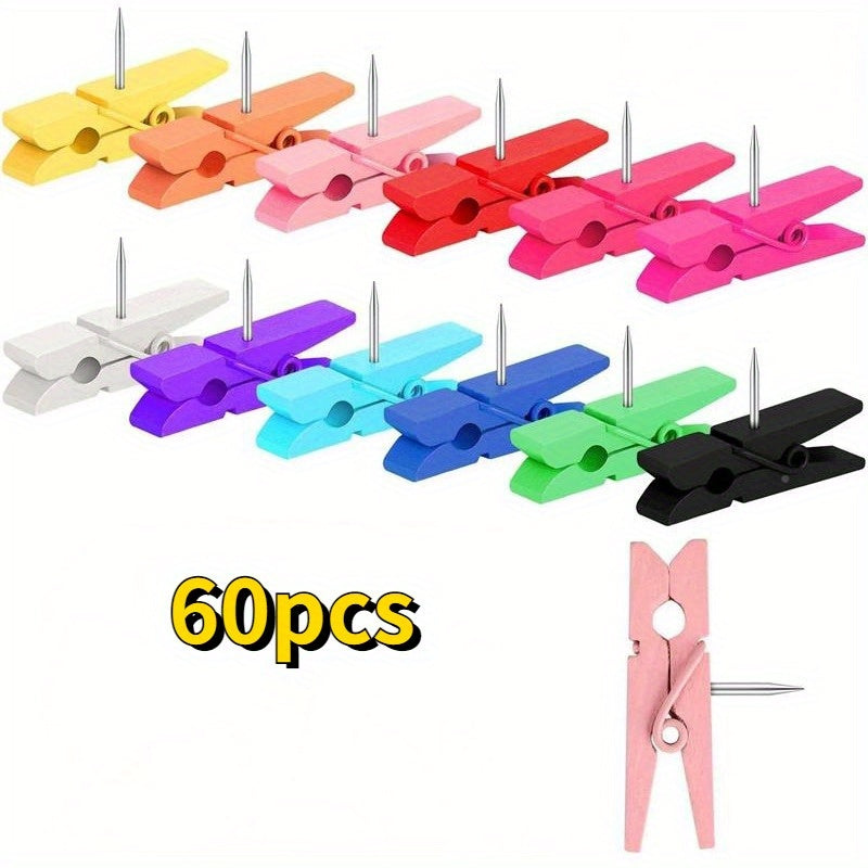 60pcs Wooden Push Pins and Clips for Cork Boards Bulletin Boards Crafts Art Phot