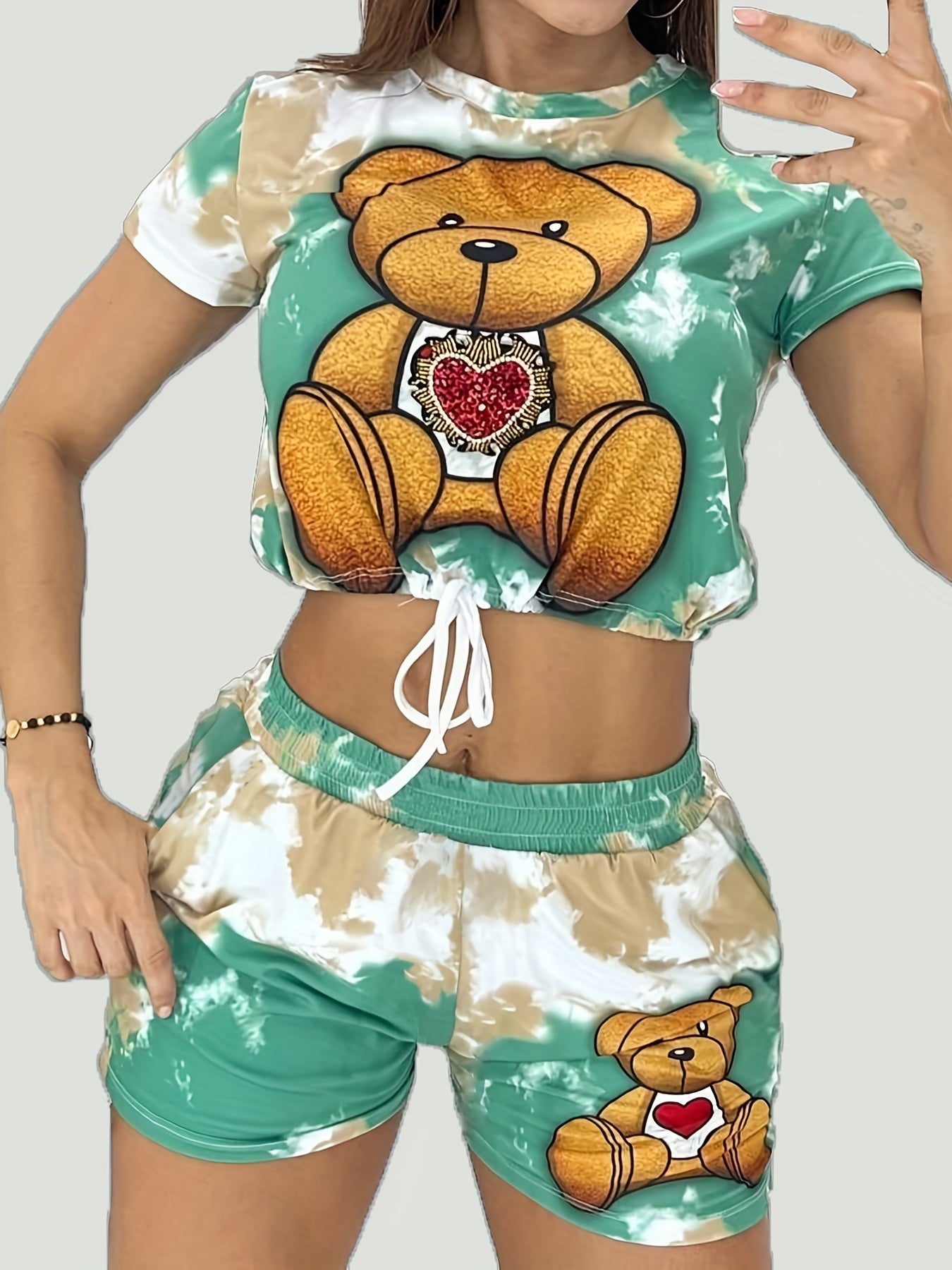 Bear Print 2pc Set Short Sleeve Tee & Shorts Outfit