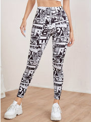 Vintage Style Printed Letter Sports Yoga Leggings Elastic Tight Pants