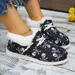 Women's Skull Pattern Fuzzy Canvas Shoes Slip On Low Top Plush Lined Snow Boots