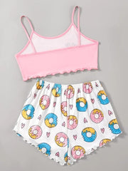 Food Print Cami Tops & Shorts Pajama Set For Women