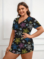 Casual Pajama Romper Women's Plus Graffiti Star Print Button Up