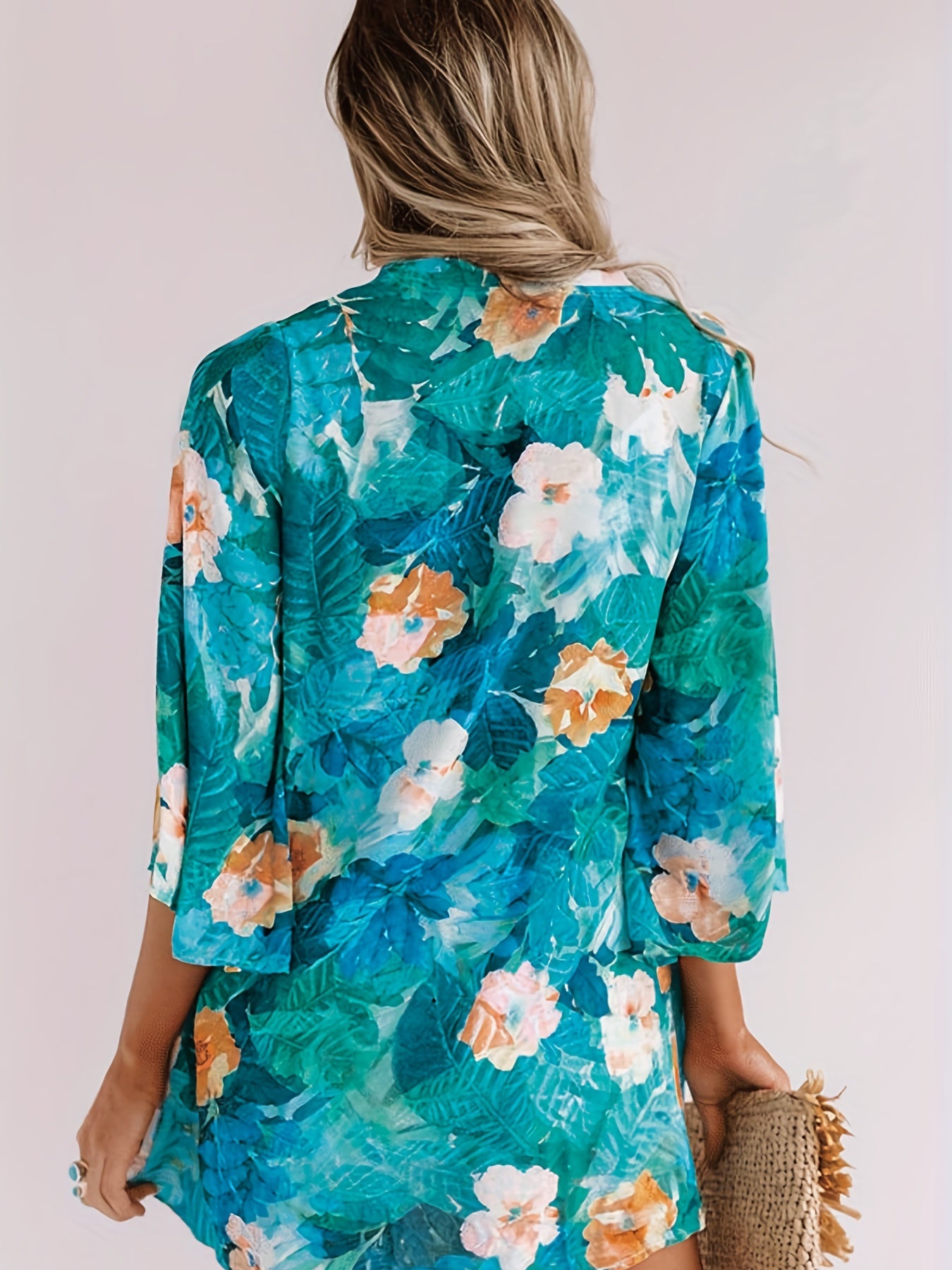 Floral Print V Neck Cover Up Shirt Loose Fit Non Stretch Half Sleeves Cardigan
