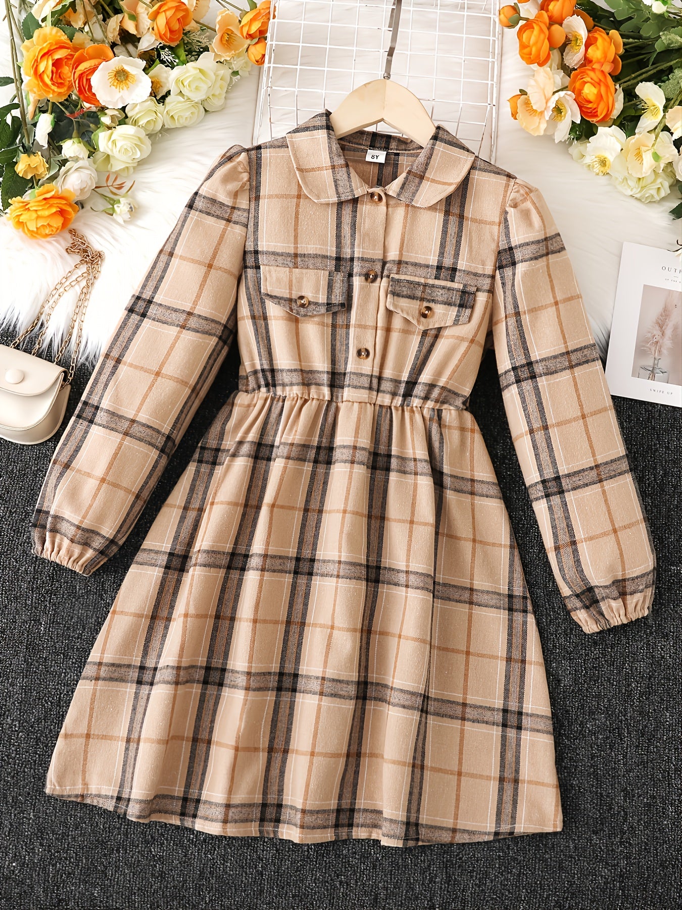 Girls Long Sleeve Lapel Dress with Dress Pattern