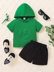 Baby Boys Summer Casual Set - Smile Print Hooded Tops & Elastic Shorts